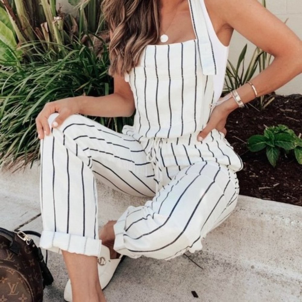 NWT Bella Dahl Striped Overalls Jumpsuit White and Navy Linen Blend Size S